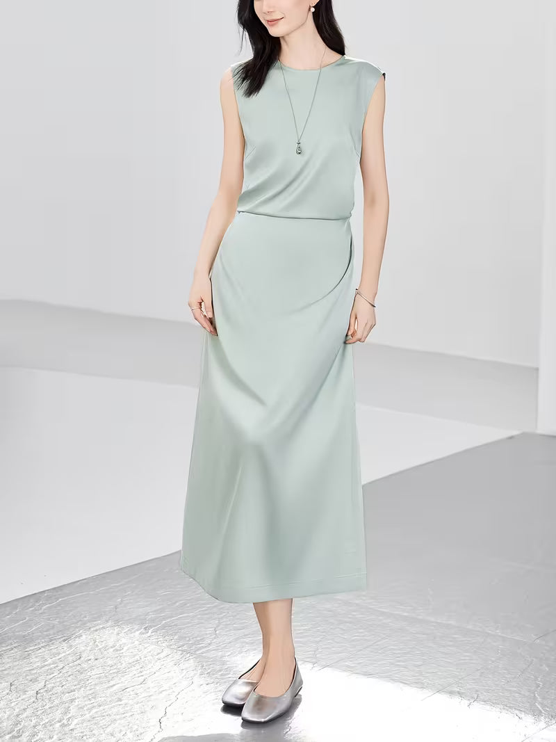 1pc New Women'S Spring Summer Dress [Necklace Gift Easy Round Neck Sleeveless Dress Side Waist Ruched Design Temperament Long Dress Satin Sleeveless Ribbon Dress Waist-Cinching Temperament Dress] Spring Summer New Women'S Clothing Business Ret