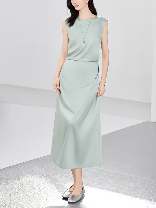 1pc New Women'S Spring Summer Dress [Necklace Gift Easy Round Neck Sleeveless Dress Side Waist Ruched Design Temperament Long Dress Satin Sleeveless Ribbon Dress Waist-Cinching Temperament Dress] Spring Summer New Women'S Clothing Business Ret