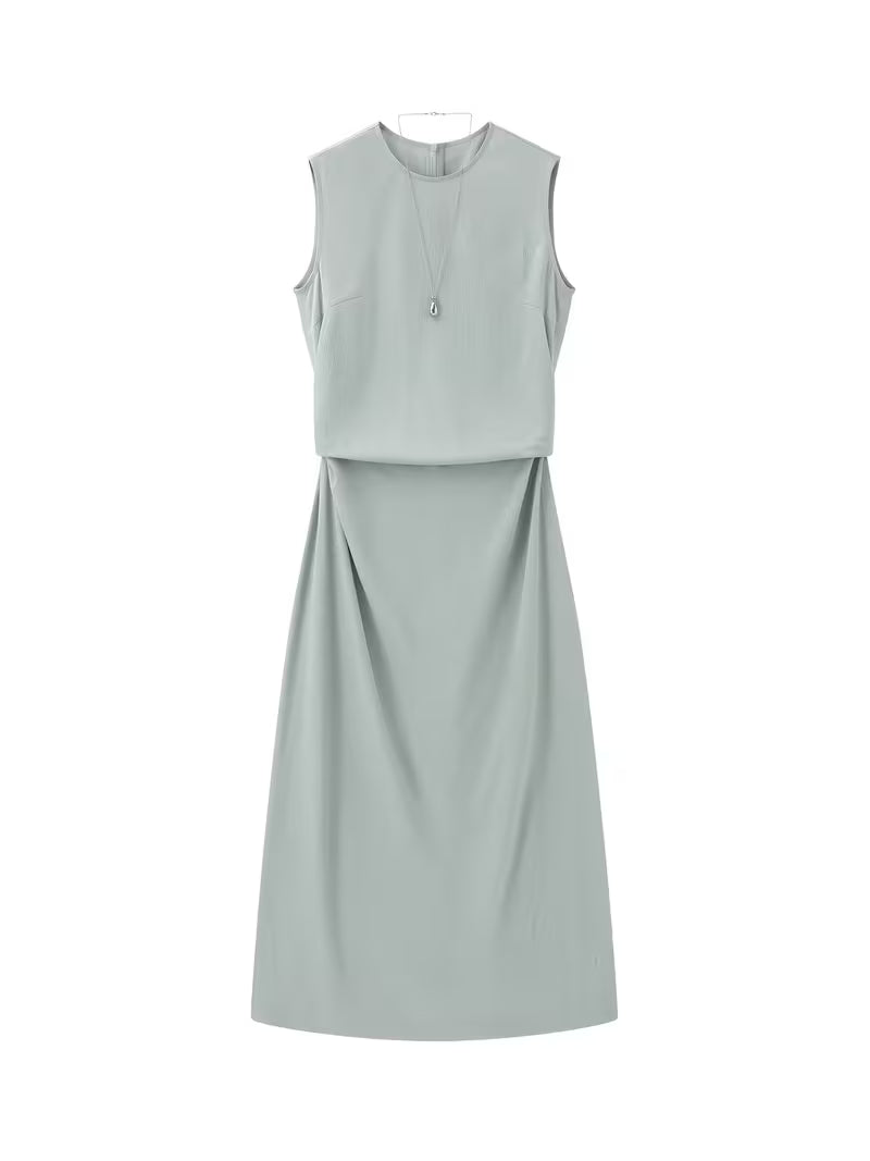1pc New Women'S Spring Summer Dress [Necklace Gift Easy Round Neck Sleeveless Dress Side Waist Ruched Design Temperament Long Dress Satin Sleeveless Ribbon Dress Waist-Cinching Temperament Dress] Spring Summer New Women'S Clothing Business Ret