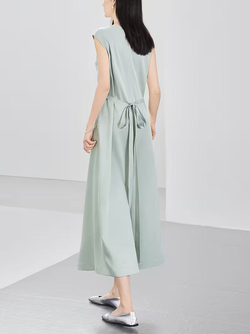 1pc New Women'S Spring Summer Dress [Necklace Gift Easy Round Neck Sleeveless Dress Side Waist Ruched Design Temperament Long Dress Satin Sleeveless Ribbon Dress Waist-Cinching Temperament Dress] Spring Summer New Women'S Clothing Business Ret