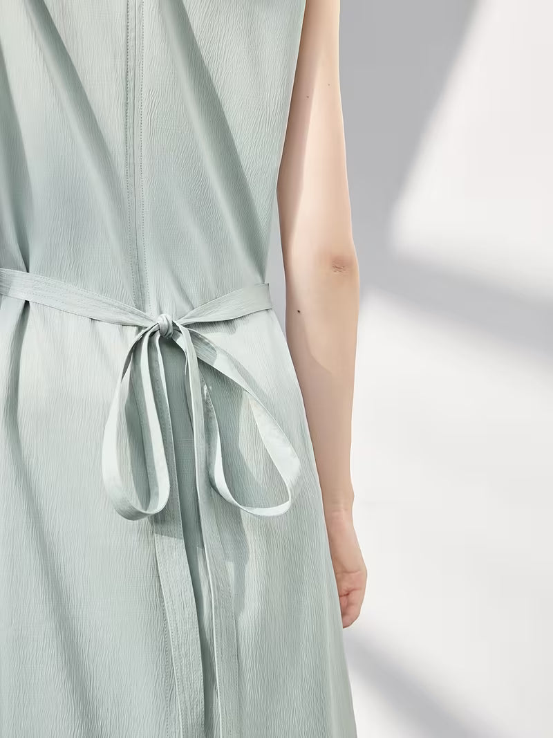 1pc New Women'S Spring Summer Dress [Necklace Gift Easy Round Neck Sleeveless Dress Side Waist Ruched Design Temperament Long Dress Satin Sleeveless Ribbon Dress Waist-Cinching Temperament Dress] Spring Summer New Women'S Clothing Business Ret