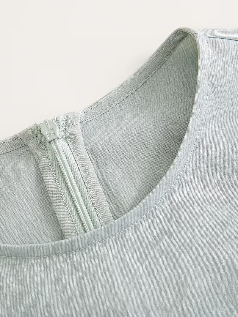 1pc New Women'S Spring Summer Dress [Necklace Gift Easy Round Neck Sleeveless Dress Side Waist Ruched Design Temperament Long Dress Satin Sleeveless Ribbon Dress Waist-Cinching Temperament Dress] Spring Summer New Women'S Clothing Business Ret