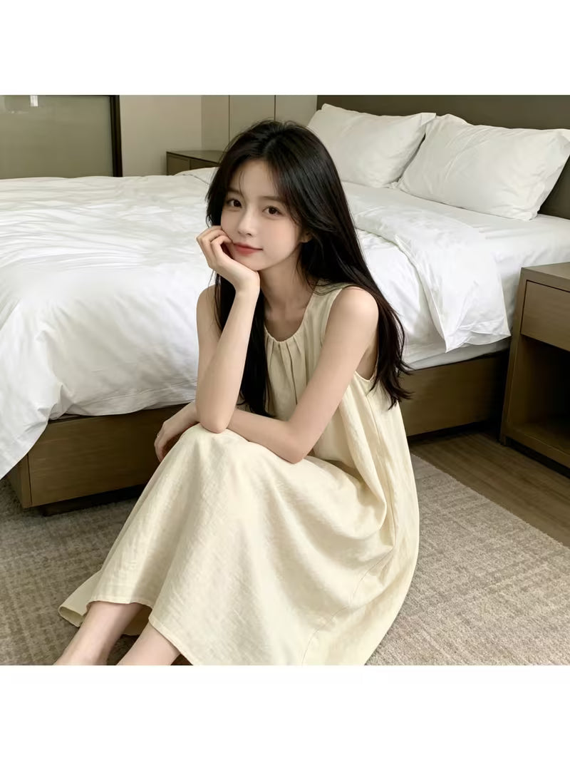 New Summer - Sleeveless Nightgown for Women, Round Neck Pleated Loose Fit Loungewear, Japanese-Style Relaxed Style Sleepwear Suitable for Outdoor Wear