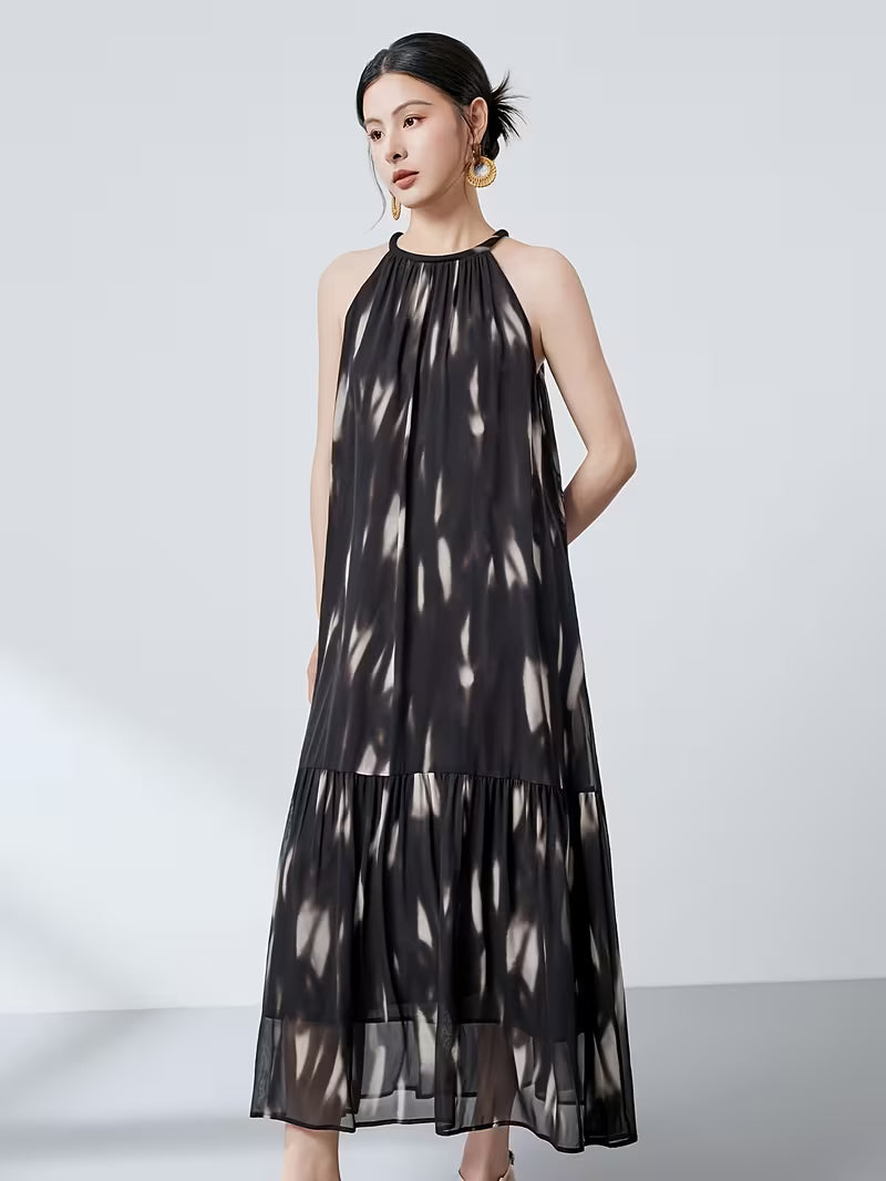 2026 Summer New Arrival Elegant Halter Neck Dress for Women, Black Sleeveless Tie-Up Temperament Flared Maxi Dress