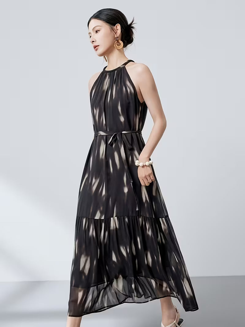 2026 Summer New Arrival Elegant Halter Neck Dress for Women, Black Sleeveless Tie-Up Temperament Flared Maxi Dress