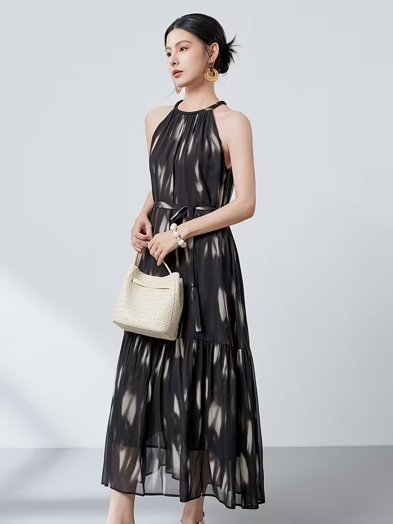 2026 Summer New Arrival Elegant Halter Neck Dress for Women, Black Sleeveless Tie-Up Temperament Flared Maxi Dress