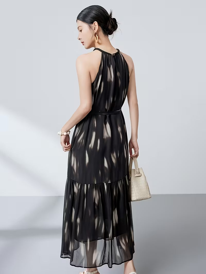 2026 Summer New Arrival Elegant Halter Neck Dress for Women, Black Sleeveless Tie-Up Temperament Flared Maxi Dress