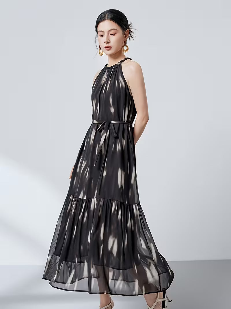 2026 Summer New Arrival Elegant Halter Neck Dress for Women, Black Sleeveless Tie-Up Temperament Flared Maxi Dress