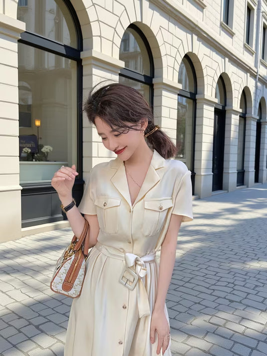 [Silky Versatile Dress] Turn-Collar Short-Sleeve Tie-Up Real Silky Versatile Dress For Spring And Summer