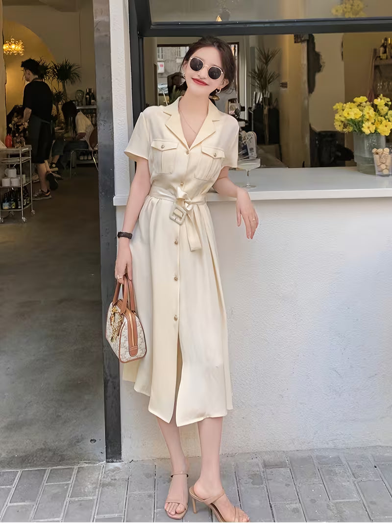[Silky Versatile Dress] Turn-Collar Short-Sleeve Tie-Up Real Silky Versatile Dress For Spring And Summer