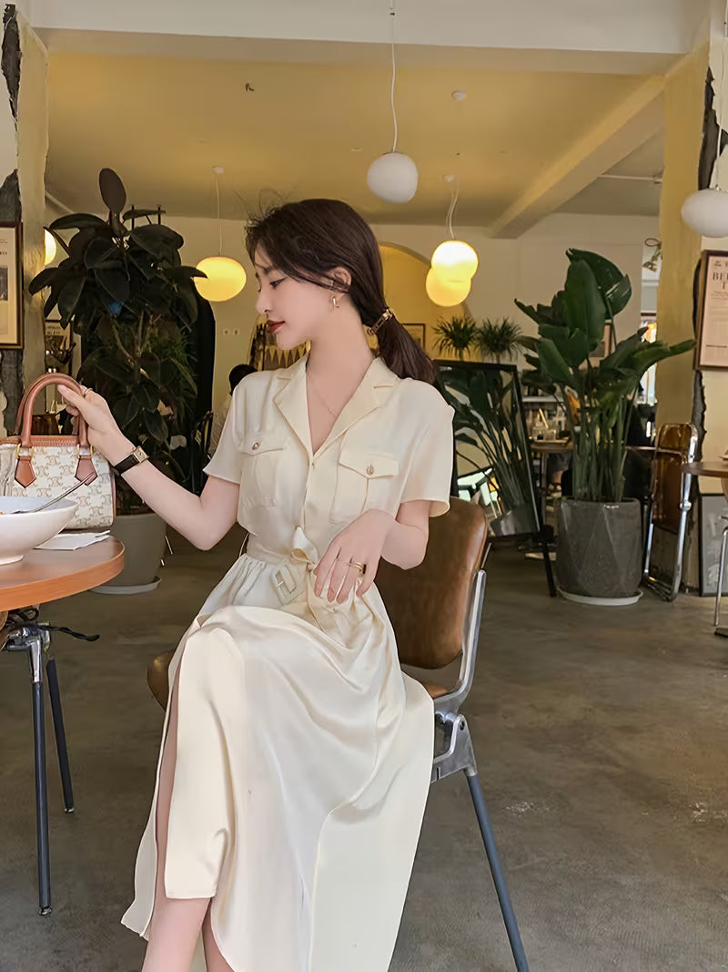 [Silky Versatile Dress] Turn-Collar Short-Sleeve Tie-Up Real Silky Versatile Dress For Spring And Summer