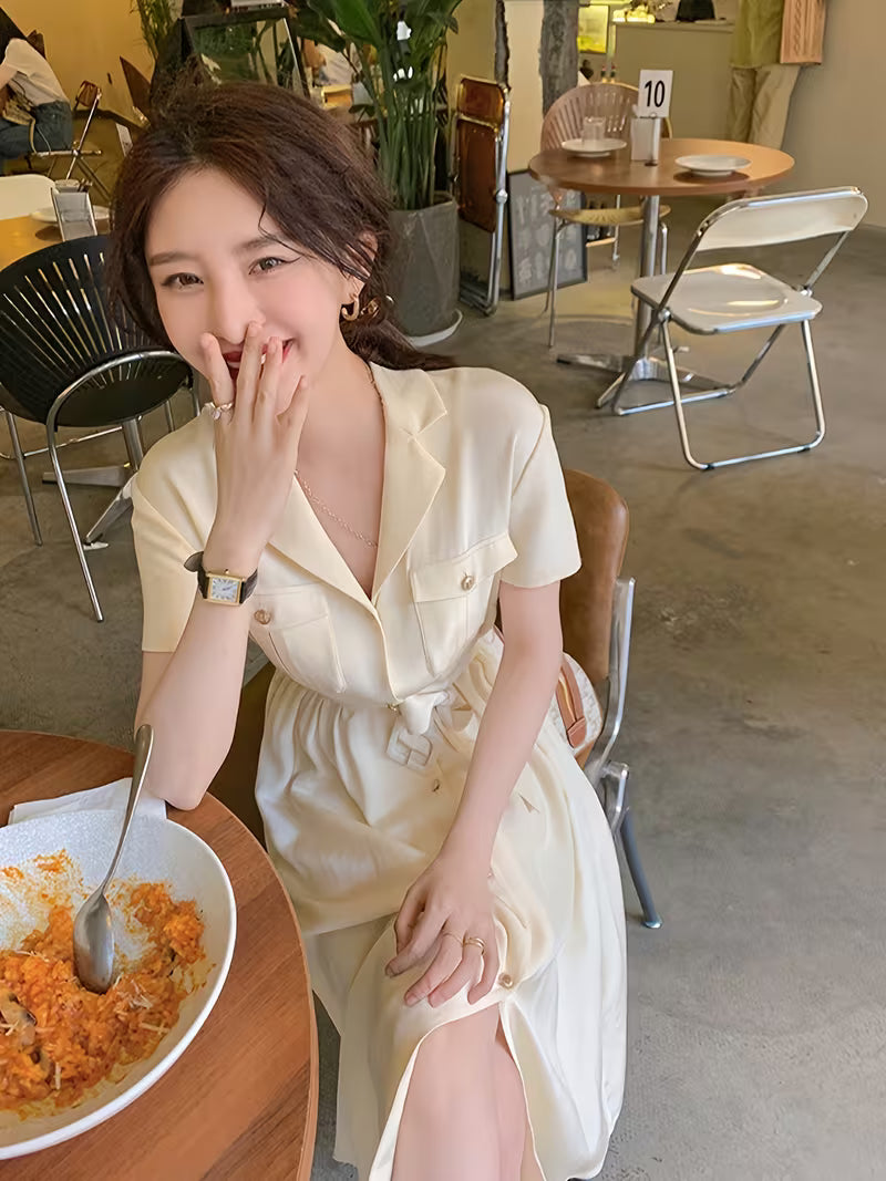 [Silky Versatile Dress] Turn-Collar Short-Sleeve Tie-Up Real Silky Versatile Dress For Spring And Summer