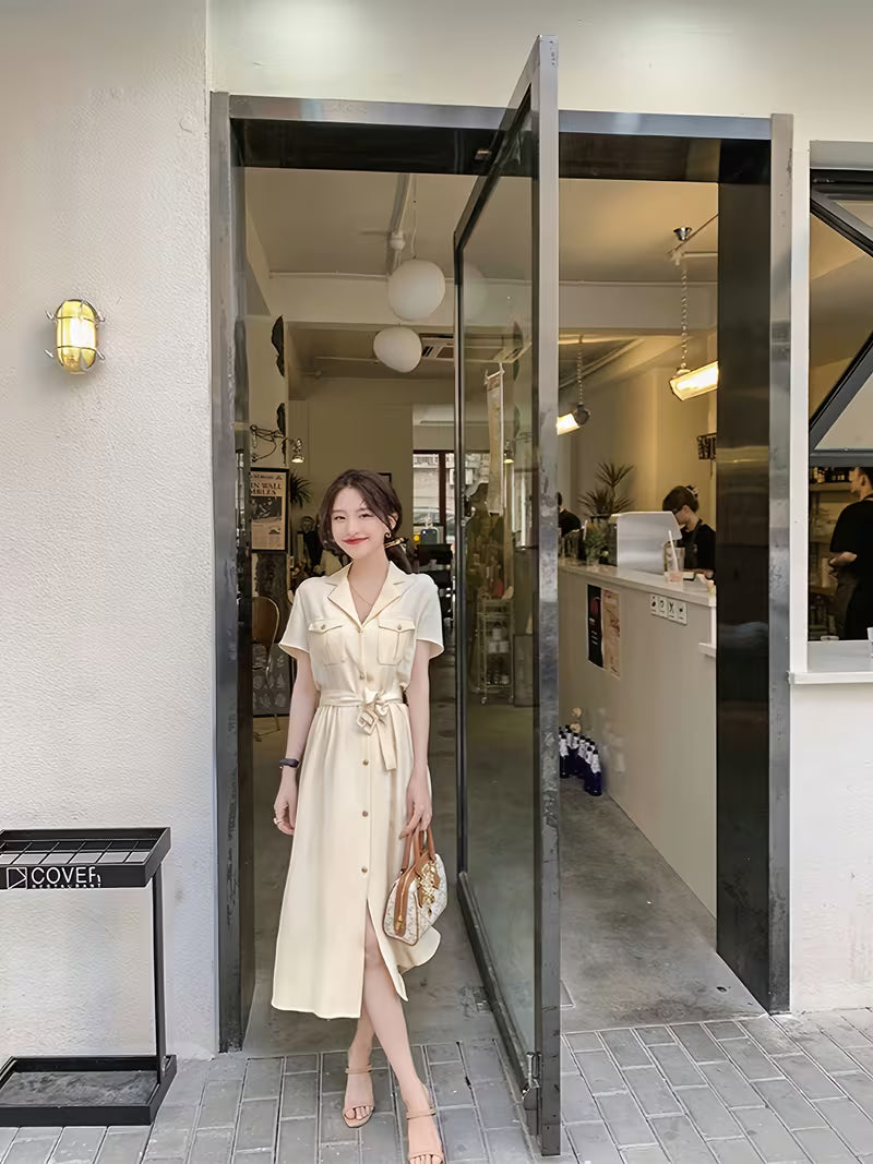 [Silky Versatile Dress] Turn-Collar Short-Sleeve Tie-Up Real Silky Versatile Dress For Spring And Summer