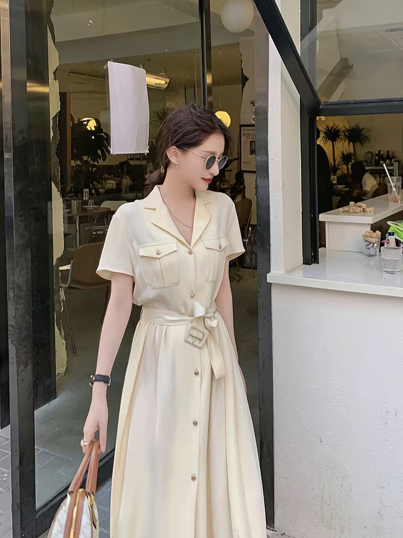 [Silky Versatile Dress] Turn-Collar Short-Sleeve Tie-Up Real Silky Versatile Dress For Spring And Summer