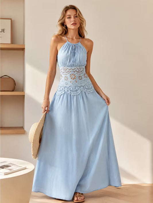1pc Women'S Halter Neck Tie-Waist Long Dress, Vacation Essential, Weekend Casual, Daily Wear
