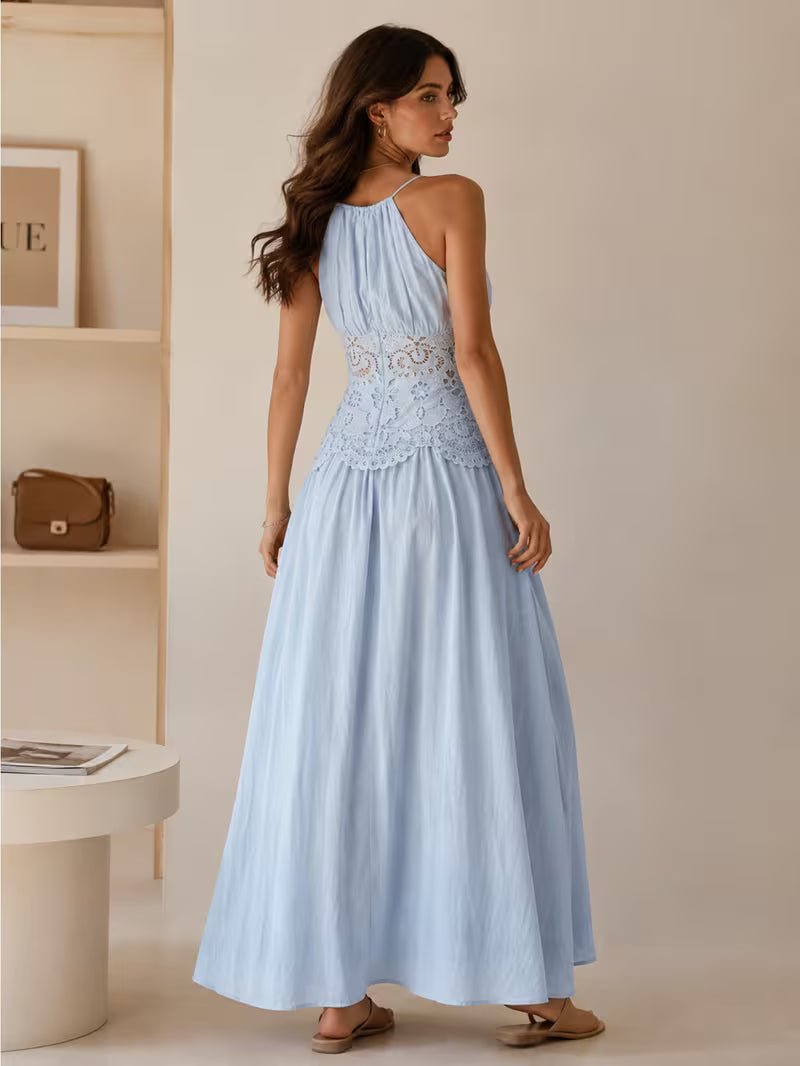 1pc Women'S Halter Neck Tie-Waist Long Dress, Vacation Essential, Weekend Casual, Daily Wear