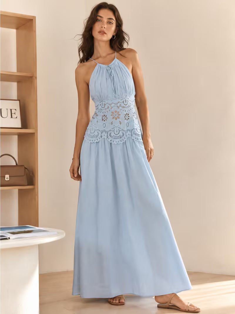 1pc Women'S Halter Neck Tie-Waist Long Dress, Vacation Essential, Weekend Casual, Daily Wear