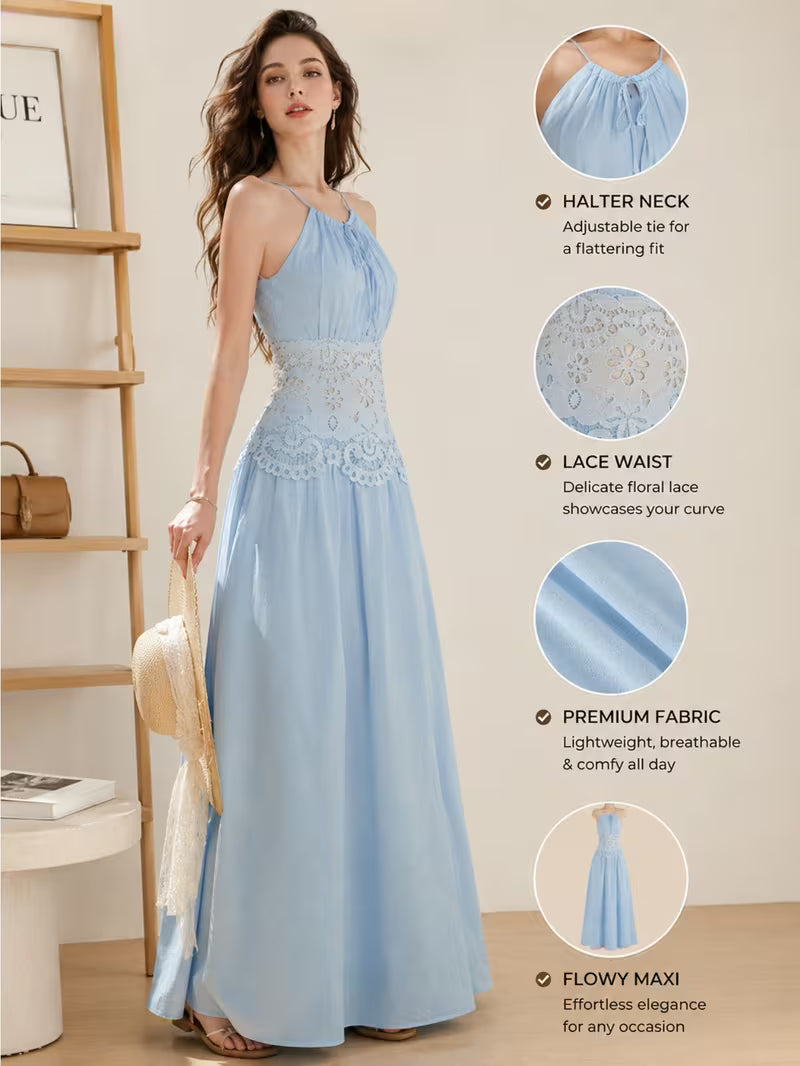 1pc Women'S Halter Neck Tie-Waist Long Dress, Vacation Essential, Weekend Casual, Daily Wear
