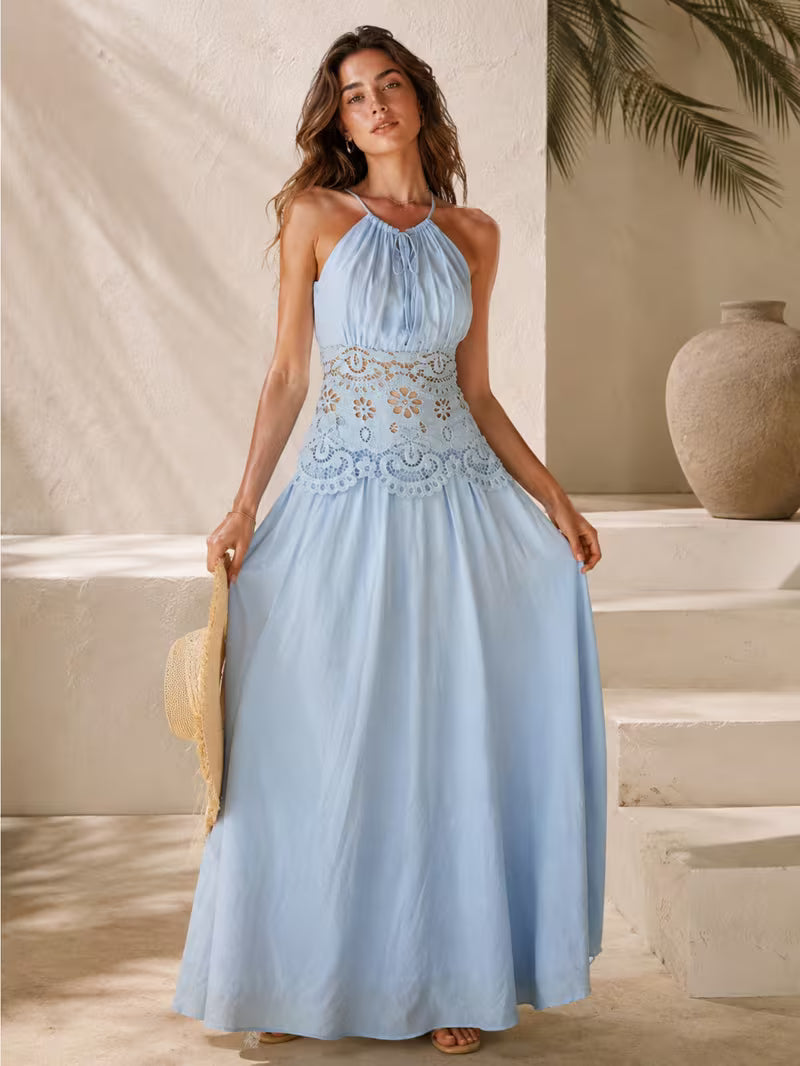 1pc Women'S Halter Neck Tie-Waist Long Dress, Vacation Essential, Weekend Casual, Daily Wear