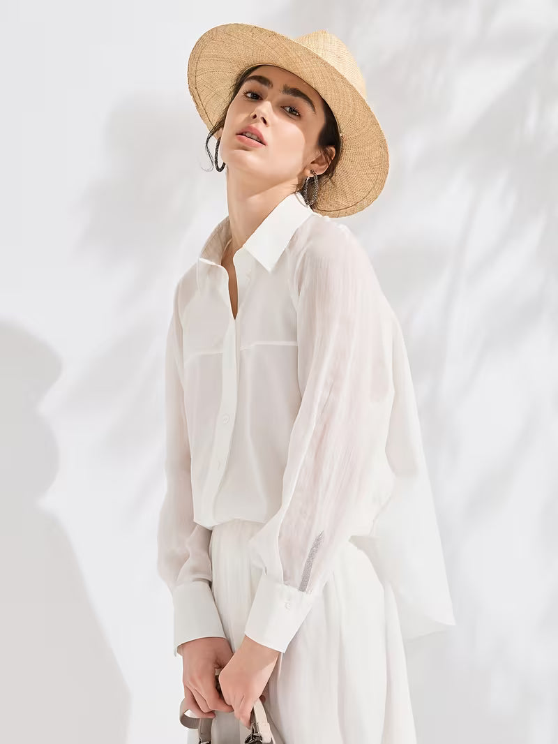 Elegant Shirting | 55%, Long Sleeve, Single Breasted, Flared Hem, Button Details, Regular Fit For Spring/Fall