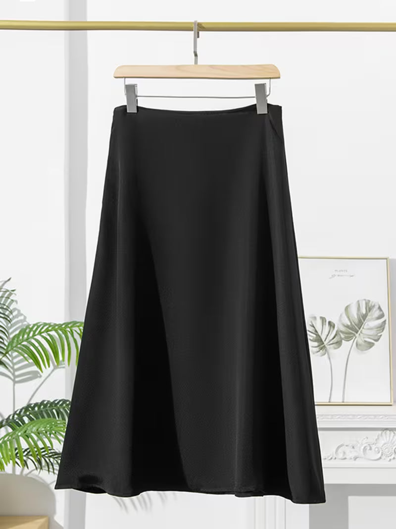 French Style Mulberry A-Line Midi Skirt for Women, Solid Color Commute Casual Elegant Flowy Skirt