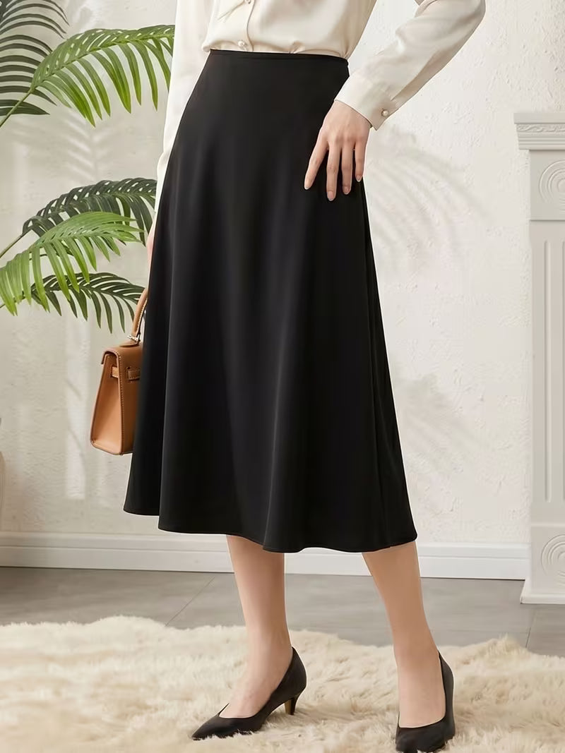 French Style Mulberry A-Line Midi Skirt for Women, Solid Color Commute Casual Elegant Flowy Skirt