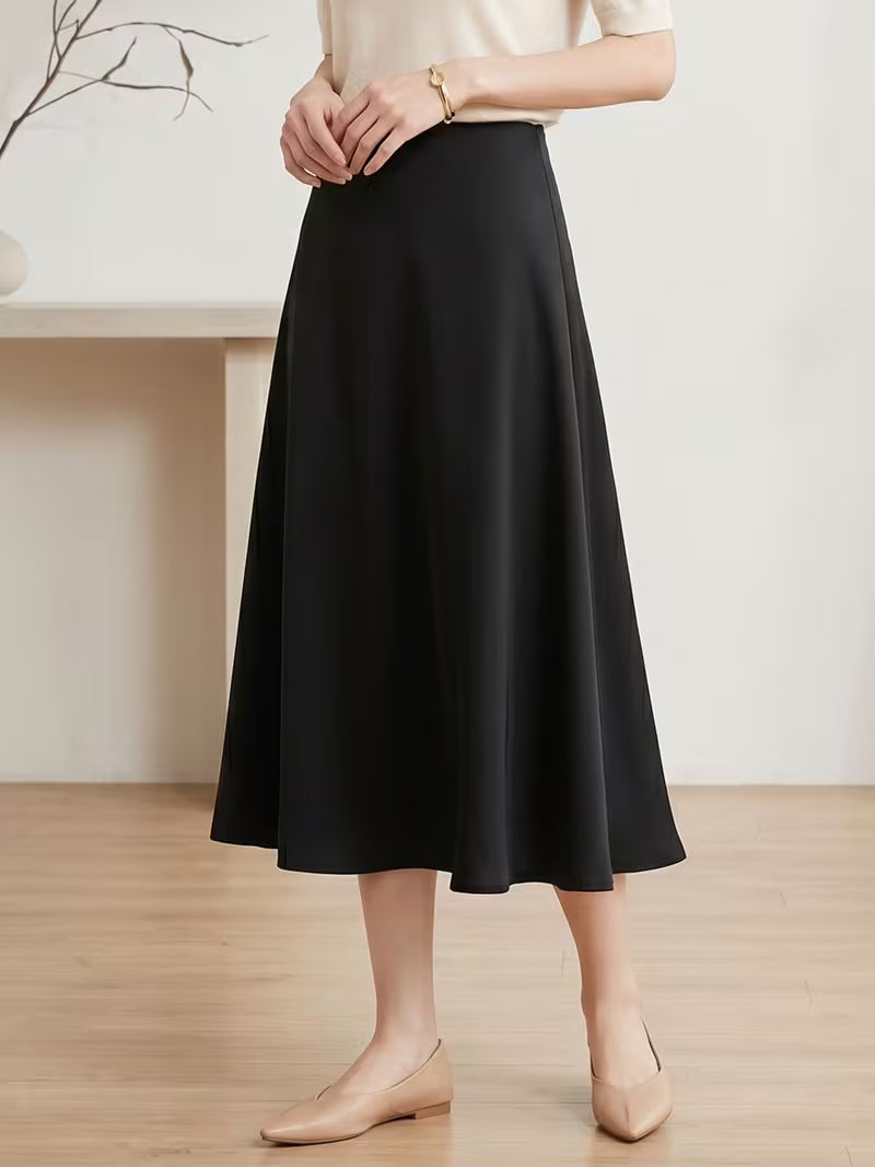 French Style Mulberry A-Line Midi Skirt for Women, Solid Color Commute Casual Elegant Flowy Skirt
