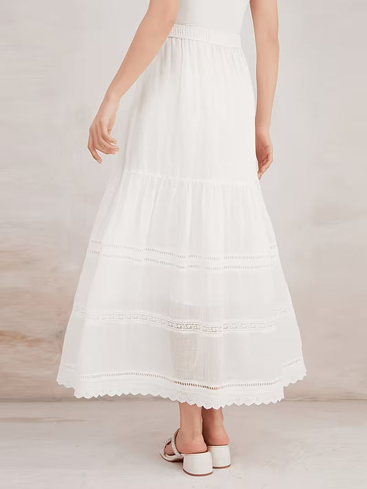Ramie Layered Maxi Skirt Featuring Lace Trim, Bohemian Vintage Elegant Flowing Women'S Summer Skirt, Lightweight And Breathable Style Skirt