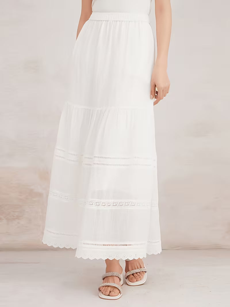 Ramie Layered Maxi Skirt Featuring Lace Trim, Bohemian Vintage Elegant Flowing Women'S Summer Skirt, Lightweight And Breathable Style Skirt