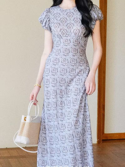 Women's French Slim Fit Floral Maxi Dress, Tencel Linen, Puff Sleeve Waist-Defined Long Dress for Petite Summer Wear