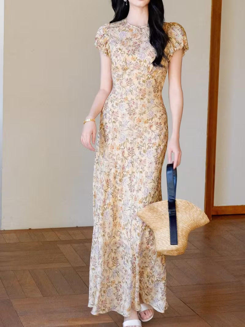 Women's French Slim Fit Floral Maxi Dress, Tencel Linen, Puff Sleeve Waist-Defined Long Dress for Petite Summer Wear