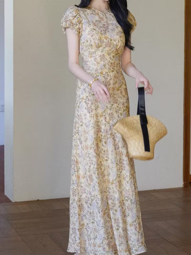 Women's French Slim Fit Floral Maxi Dress, Tencel Linen, Puff Sleeve Waist-Defined Long Dress for Petite Summer Wear