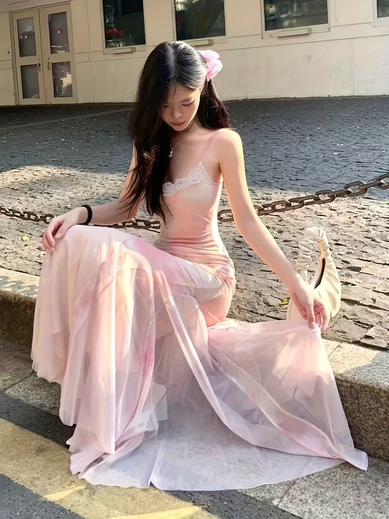 Elegant Floral Dress for Women, Summer Style, Enchanting Pink Tulle Skirt, Sexy Bodycon Fit, Mermaid Silhouette