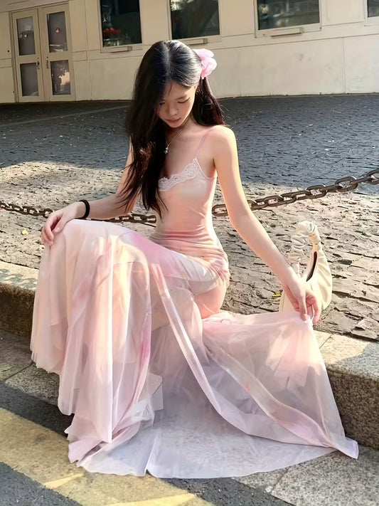 Elegant Floral Dress for Women, Summer Style, Enchanting Pink Tulle Skirt, Sexy Bodycon Fit, Mermaid Silhouette