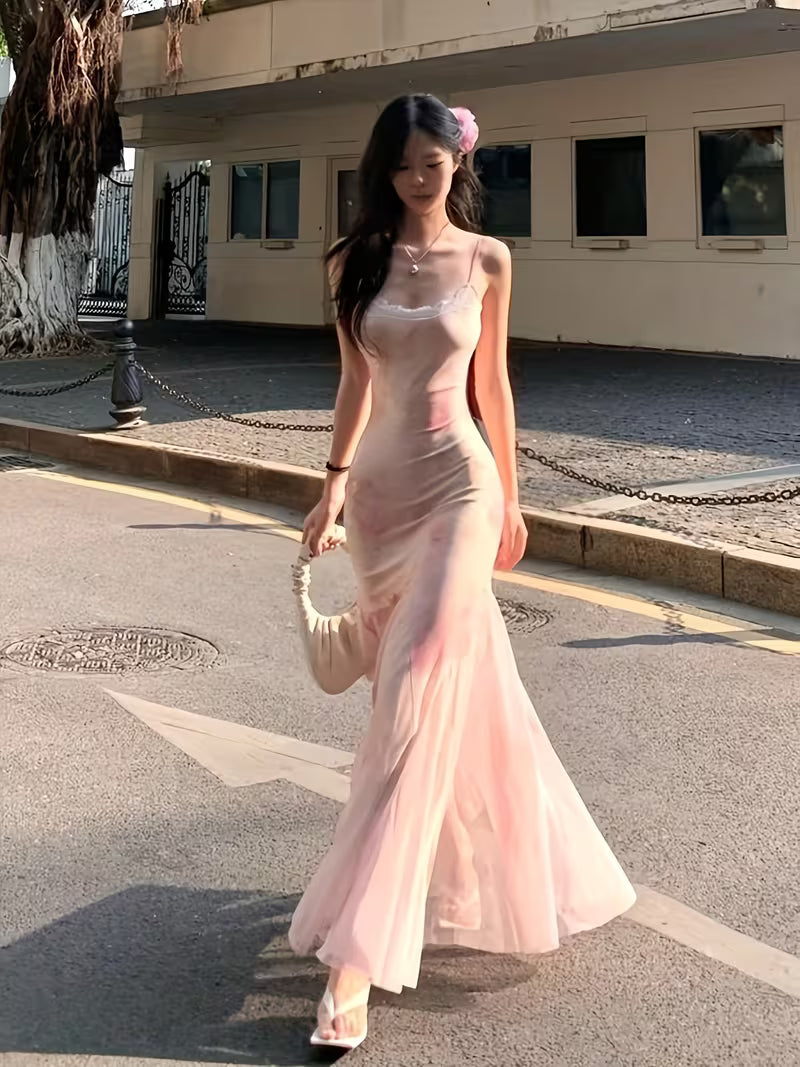Elegant Floral Dress for Women, Summer Style, Enchanting Pink Tulle Skirt, Sexy Bodycon Fit, Mermaid Silhouette