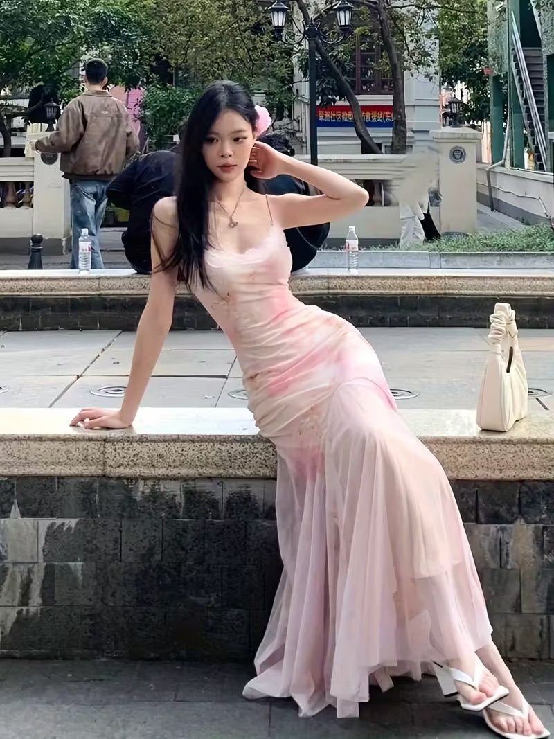 Elegant Floral Dress for Women, Summer Style, Enchanting Pink Tulle Skirt, Sexy Bodycon Fit, Mermaid Silhouette