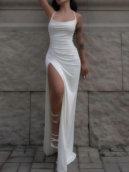 Sexy Slim Fit Pleated Hem Hanging Neck High Waist Cross Shoulder Suspender Dress Elegant Spring Women's Long Dress Suitable for Graduation Ceremonies, Dinner Parties, Wearing Valentine's Day Dress Dress